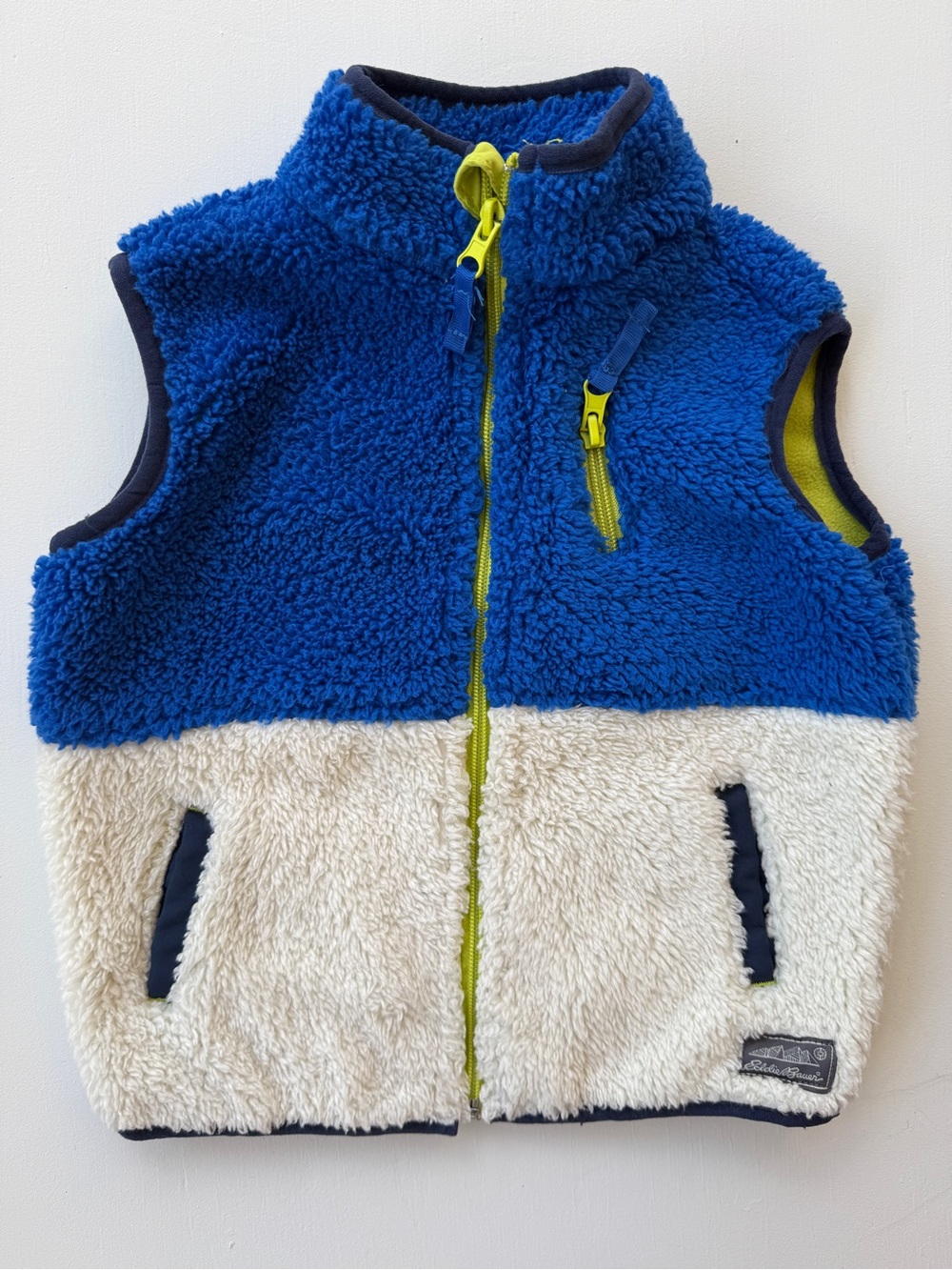 Eddie Bauer Kids Blue and Cream Sherpa Vest with Lime Zipper